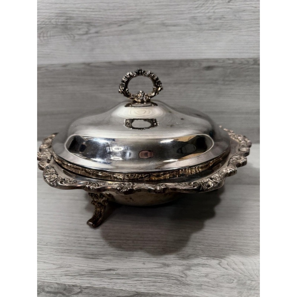 Silver Plate Footed Covered Entree Dish Dome Lid Pyrex Insert Ornate Scroll